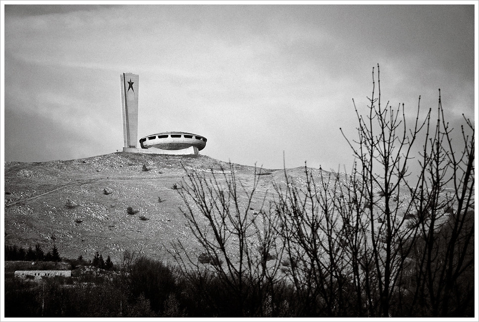 The brutalist Buzludzha communist monument saucer and tower atop Hadzhi Dimitar peak in Bulgaria