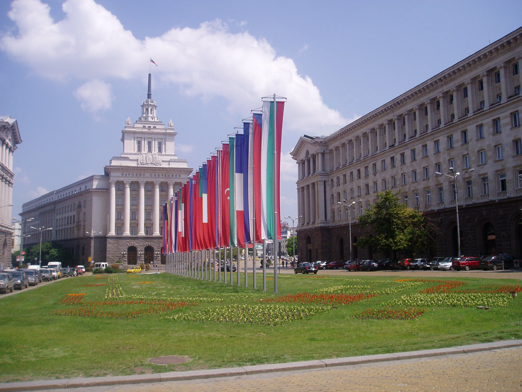 The monumental Stalinist facade of the Largo in central Sofia