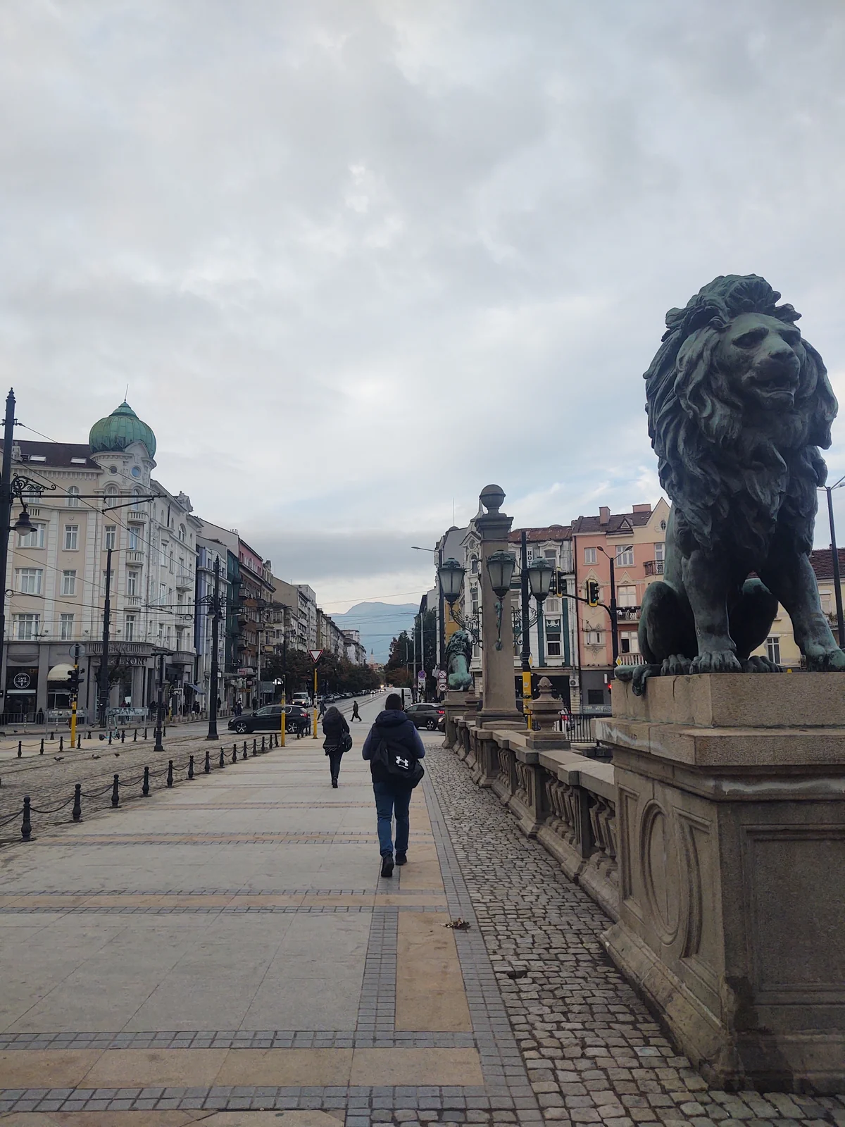 Historic bronze lion sculpture guarding Lions Bridge Lavov Most in Sofia Bulgaria