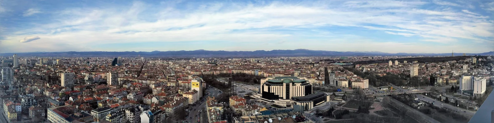 Elevated panoramic skyline view of National Palace of Culture NDK in Sofia